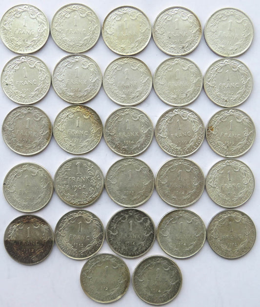 Lot 27 szt. 1 frank Belgia Ag 1910-1914, srebro