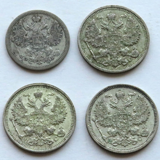 Rosja, 3 x 20 kopiejek + 15 kopiejek, 1907-1915, stan 2/2-