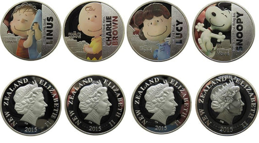 4 numizmaty srebrzone, Nowa Zelandia, 2015, Snoopy Fistaszki