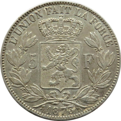 5 franków Leopold Belgia 1873, piękna