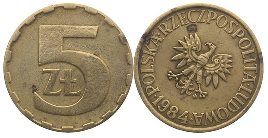 Destrukt, 5 złotych 1984, skrętka w prawo ~35stopni, st. 3+