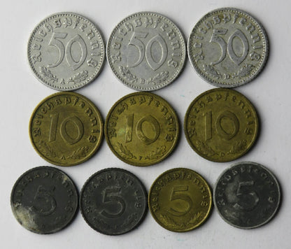 Lot 10 szt.: Niemcy 3 rzesza: 3x 50 fenigów, 3x 10 fenigów, 4x 5 fenigów