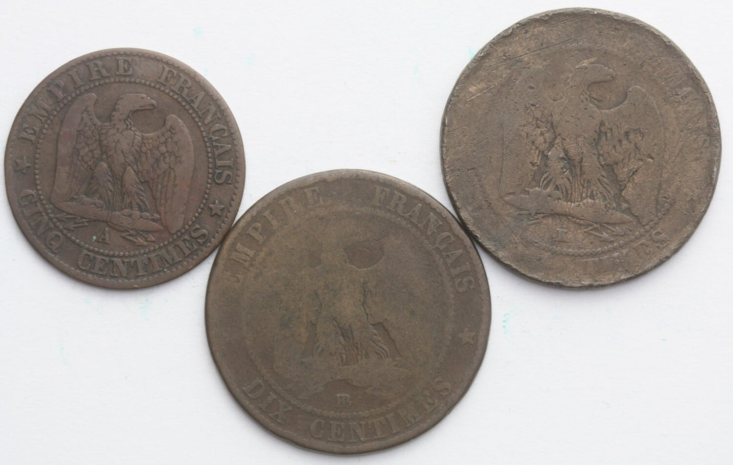 Lot 3 szt. Francja, 5 centymów  + 2 x 10 centymów 1857/63, st. 4