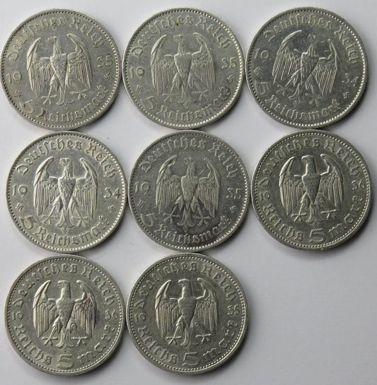 Lot: 8 x 5 marek, Hindenburg + Wieża / Kościół, st. 3/3+