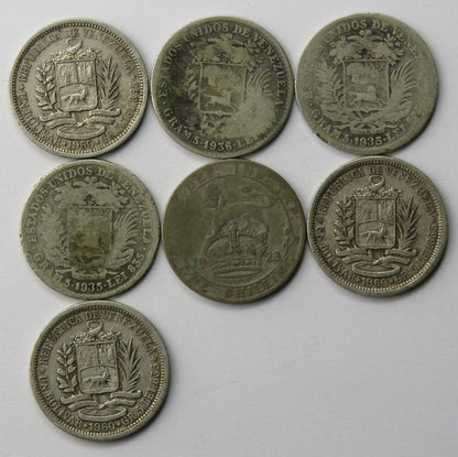 Lot Ag: Wenezuela 6 x 1 boliwar, + Anglia 1 x szyling, srebro