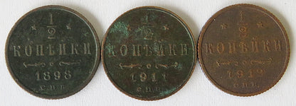Lot: Rosja 3 x 1/2 kopiejki, różne roczniki, stan 3