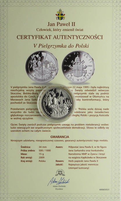 Medal, Jan Paweł II V pielgrzymka do Polski, srebro, certyfikat