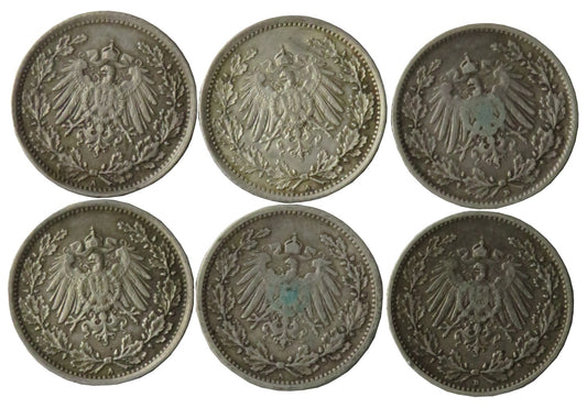 Niemcy, 6 x 1/2 marki, różne roczniki i mennice